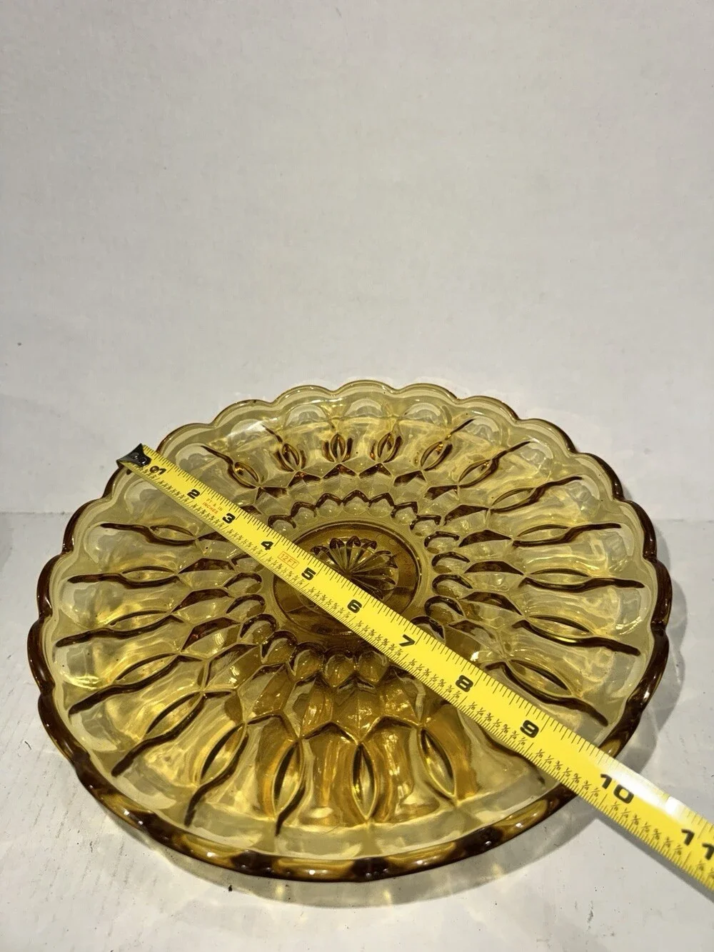 Vintage Yellow Pressed Glass Pedestal Cake Stand Scalloped Edge 10”